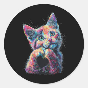 Pegatina Redonda Gato Creando Forma De Corazón Amor Idioma Rótulo G