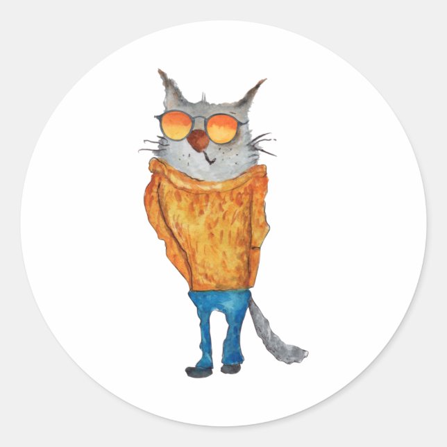 Pegatina Redonda Gato Cuidado En Gafas Con Suéter naranja Y Blu (Anverso)