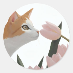 Pegatina Redonda Gato Curioso Floral de Primavera