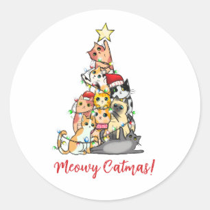 Pegatina Redonda Gato Cute Meowy Catmas Navidad Árbol de Navidad