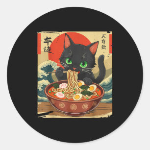 Pegatina Redonda Gato de Anime Comiendo Ramen Arte Japonés Gráfico 
