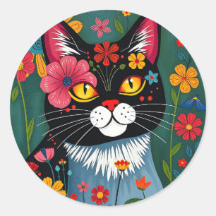 Pegatina Redonda Gato de arte folclórico negro y blanco y flores ca