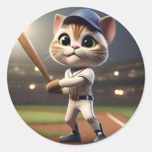 Pegatina Redonda Gato De Béisbol Gracioso En 3D,