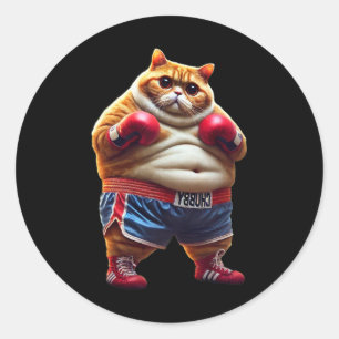 Pegatina Redonda Gato De Boxeo Gracioso Con Guantes De Boxeo