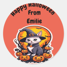 Pegatina Redonda Gato de bruja con calabaza