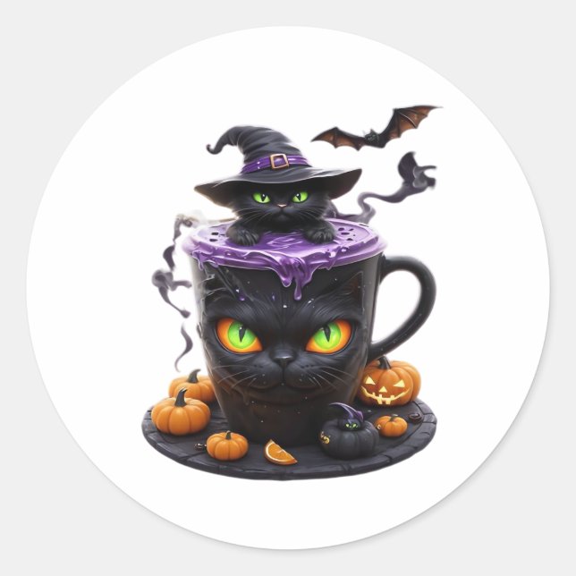 Pegatina Redonda Gato de bruja Halloween Latte - Café con crepitant (Anverso)