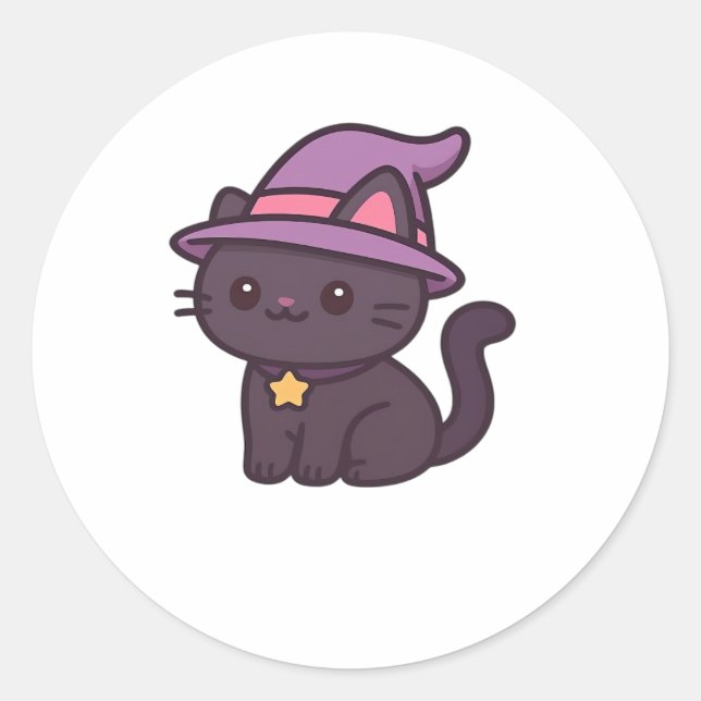 Pegatina Redonda Gato de bruja Kawaii en camiseta clásica de Gorra  (Anverso)