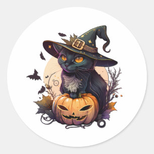 Pegatina Redonda Gato de bruja para Halloween