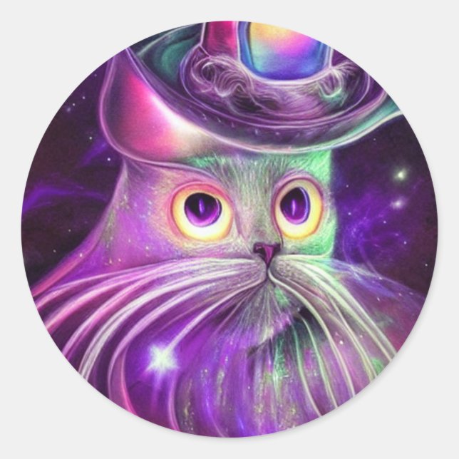 Pegatina Redonda Gato de brujas en el Gorra (Anverso)