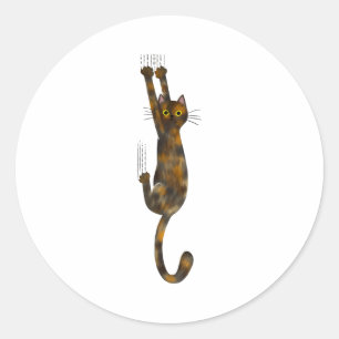 Pegatina Redonda Gato de caparazón de tortuga colgando en divertido