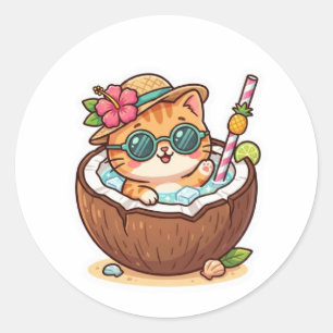 Pegatina Redonda Gato de coco kawaii lentes de sol BSticker de vera