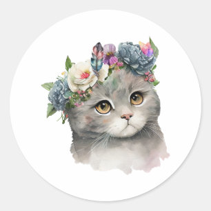 Pegatina Redonda Gato de color gris puro con flores amante del gato