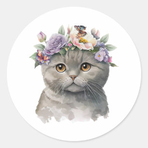Pegatina Redonda Gato de color gris puro con flores y mariposas