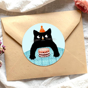 Pegatina Redonda Gato de cumpleaños con sombrero y tarta de cumplea