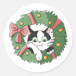 Pegatina Redonda Gato de dibujos animados de Navidad colgante lindo