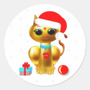Pegatina Redonda Gato de dibujos animados dorado lindo de Navidad
