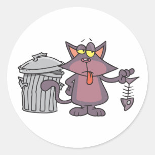 Pegatina Redonda Gato de Dibujos Animados Gruñón Comiendo Esqueleto