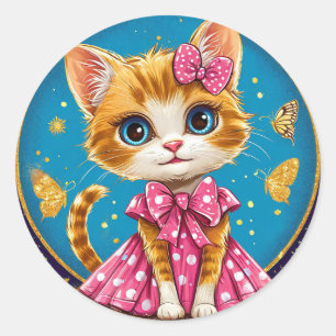 Pegatina Redonda Gato de dibujos animados lindo