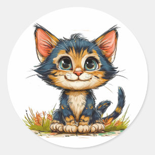 Pegatina Redonda Gato de dibujos animados lindo