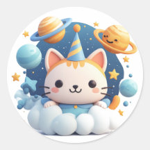 Gato de dibujos animados lindo en nube con sombrer