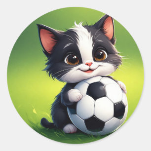 Pegatina Redonda Gato de dibujos animados lindo sosteniendo balón d