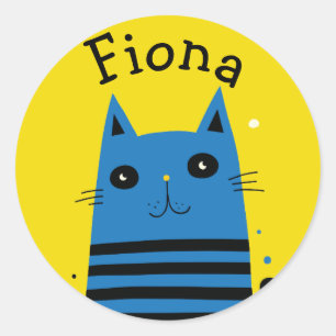 Pegatina Redonda Gato de dibujos animados moderno azul y amarillo p