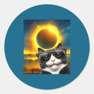Pegatina Redonda Gato de Esmoquin de la totalidad del eclipse solar