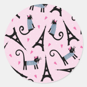 Pegatina Redonda Gato De Estilo Francés Vestido Con Patrón De Torre