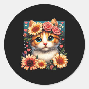Pegatina Redonda Gato De Flor Retro Amor Arte Gatito Con Anim De Fl