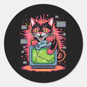 Pegatina Redonda Gato de furia pixelada jugador retro fallo en esti