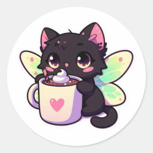 Pegatina Redonda Gato de hadas lindo bebiendo chocolate caliente