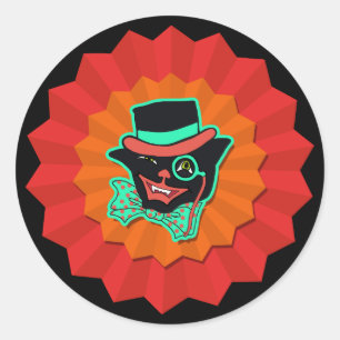 Pegatina Redonda Gato de Halloween al estilo vintage en un plato Go