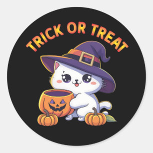 Pegatina Redonda Gato de Halloween con calabaza con linterna Jack O