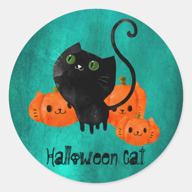 Pegatina Redonda Gato de Halloween con calabazas (Anverso)