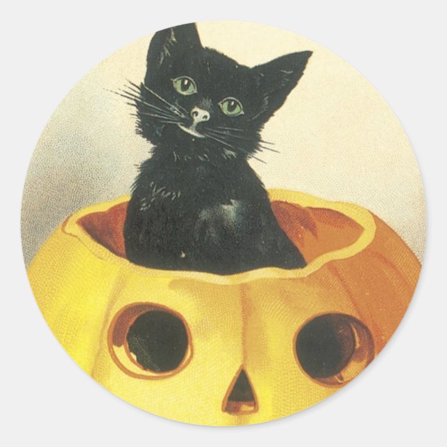 Pegatina Redonda Gato de Halloween de merry de moda antigua (Anverso)