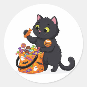 Pegatina Redonda Gato de Halloween Inspector de Caramelos Profesion