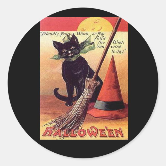 Pegatina Redonda Gato de Halloween negro vintage (Anverso)