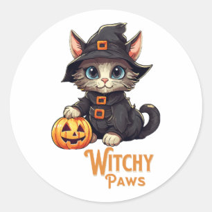 Pegatina Redonda Gato de Halloween Patas de Bruja