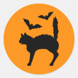 Pegatina Redonda Gato de Halloween Sobresaltado y Silueta de Murcié