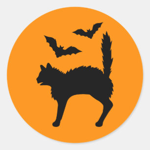 Pegatina Redonda Gato de Halloween Sobresaltado y Silueta de Murcié
