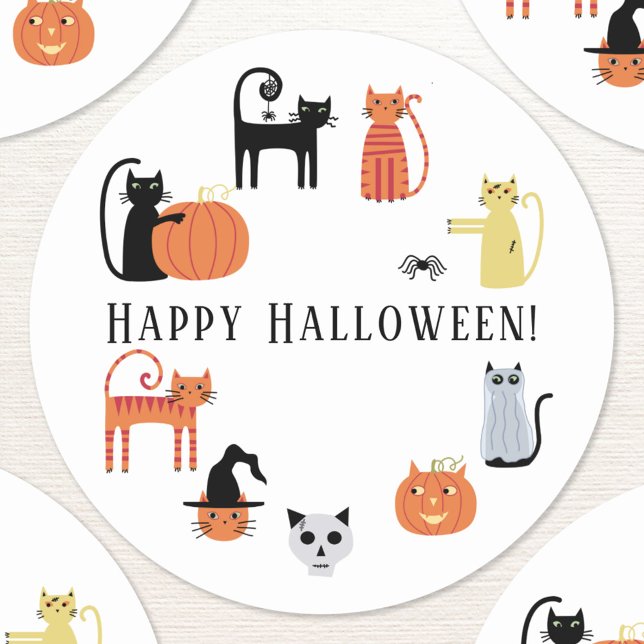 Pegatina Redonda Gato de Halloween Spooky (Fun Halloween cat custom text sticker)