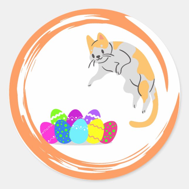 Pegatina Redonda Gato de Huevo de Pascua (Anverso)