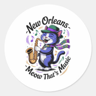 Pegatina Redonda Gato de Jazz Jugando Música Saxofónica Amante del