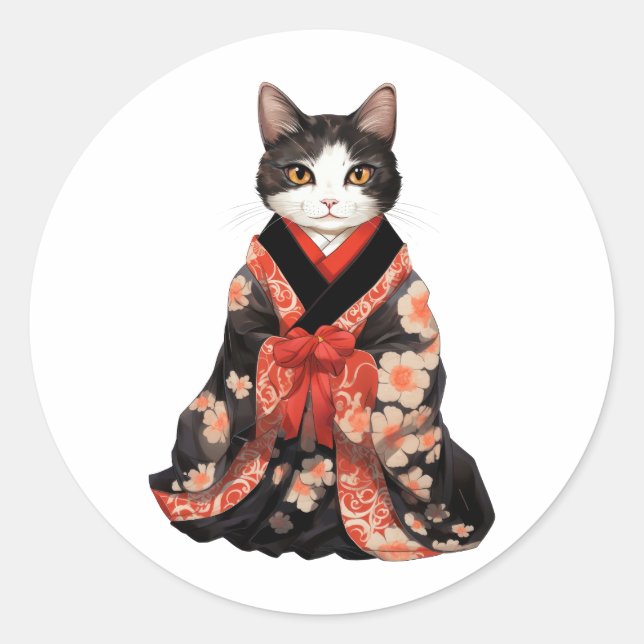 Pegatina Redonda Gato de Kimono (Anverso)