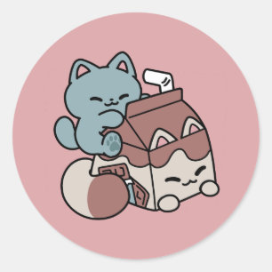 Pegatina Redonda Gato de Leche Chocolate Kawaii – Bebida Acogedora 