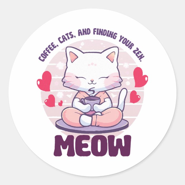 Pegatina Redonda Gato de meditación - Gato Kawaii (Anverso)