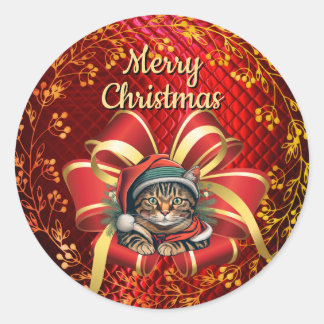 Pegatina Redonda Gato de Navidad de estilo vintage
