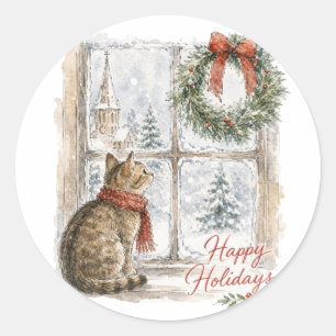 Pegatina Redonda Gato de Navidad en la ventana con guirnalda