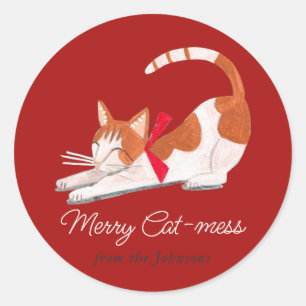 Pegatina Redonda Gato de Navidad reno rojo Fiesta 
