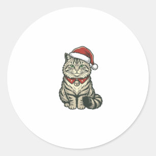 Pegatina Redonda Gato de Navidad Sombrero de Santa Diseño de Grabad